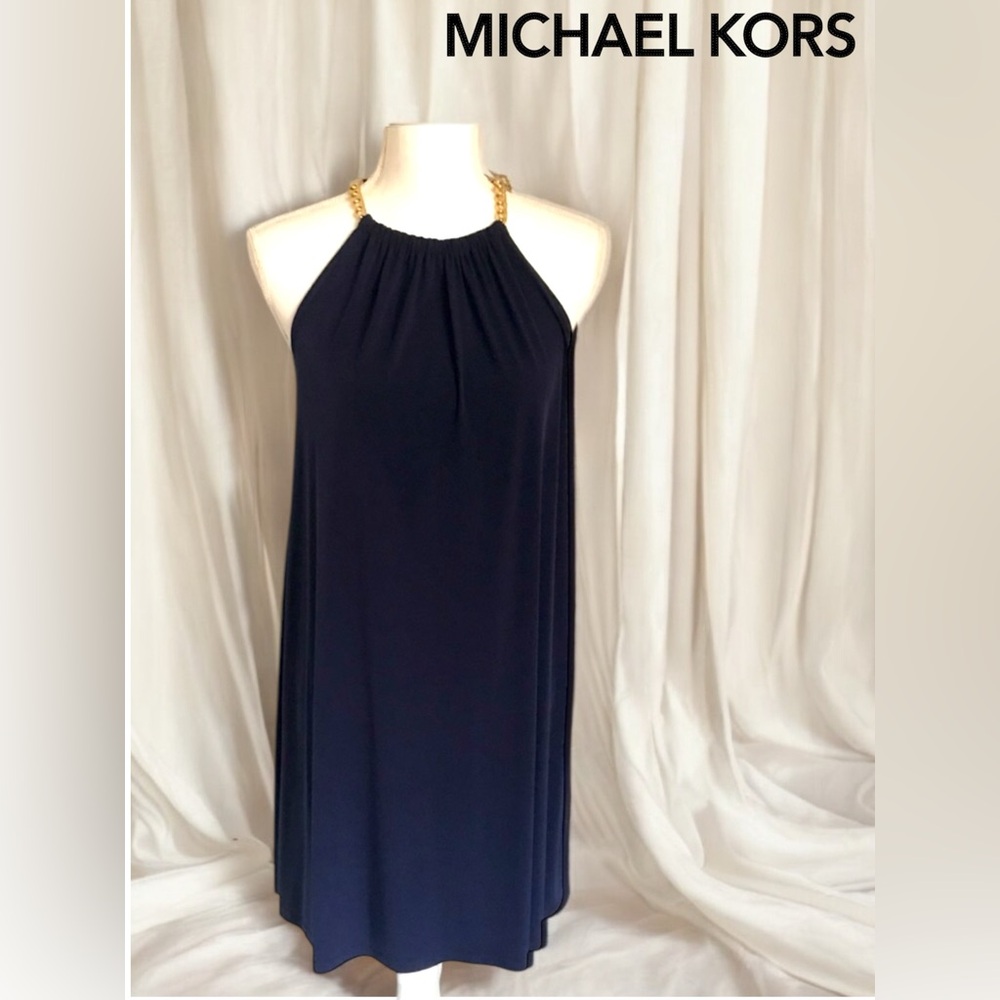 MICHAEL KORS. Chain Neck Halter Dress in Navy, Small.